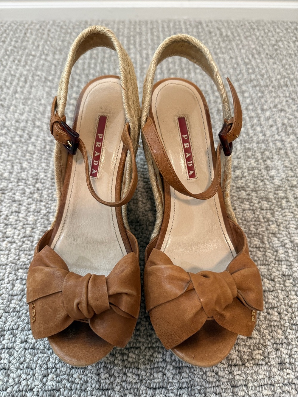 Prada Brown Leather Bow Espadrille Slingback Wedges